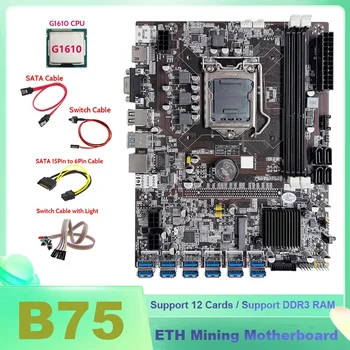 B75 BTC Madenci anakart 12XUSB İle G1610 CPU + Anahtarı kablosu + SATA Kablosu + anahtarı kablosu ile ışık + 6pin çift 8Pin kablo