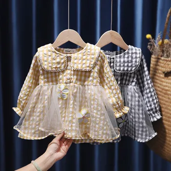 Yaz Bahar Toddler Bebek Kız Dantel Elbise Sevimli Uzun Kollu Bebek Yaka Ekose Prenses Elbiseler Çocuk Bebek Giysileri 1-6T