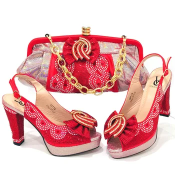 Moda Renkli Kristal Dekorasyon Tarzı Parti Düğün Yüksek Topuklu Bayan Ayakkabı Ve çanta seti Kırmızı Renk Sandalet
