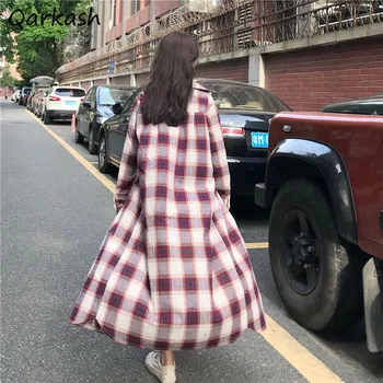 Uzun Tarzı Ceketler Kadın Ekose Vintage Gevşek Bahar Japon Basit Dış Giyim Kadın Ins Tüm Maç Kolej Eğlence Yumuşak Giysiler