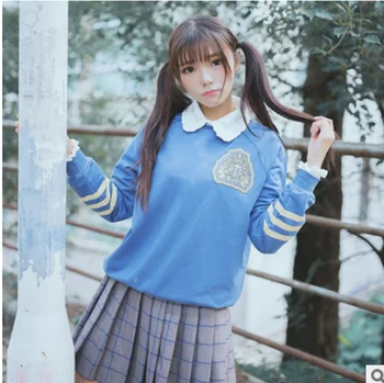 Kolej tarzı JK üniforma mavi gevşek kazak prenses victoria üst kawaii kız gotik lolita üst Prenses çay partisi tatlı lolita