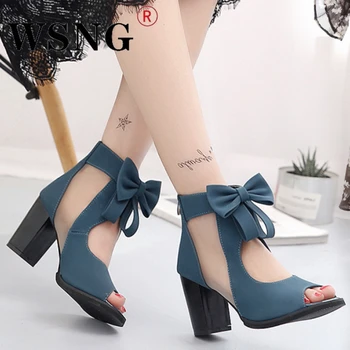 Yeni Bayanlar Burnu açık yüksek Topuklu Yaz Bayanlar Zarif Yay Kare topuklu sandalet Moda Fermuar Kesme Parti yüksek topuklu sandalet