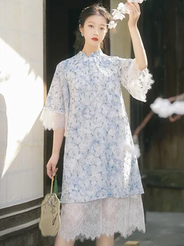 Kadın Yaz Gevşek İnce Tatlı Cheongsam 2021 Fransız Retro Dantel Dikiş papyon Zarif Mizaç Orta uzunlukta Qipao Elbiseler