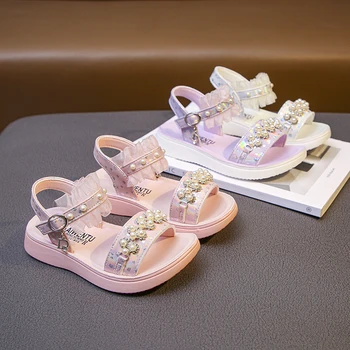 Prenses Ayakkabı İnci Taklidi Dantel 2022 Yeni Yaz Burnu açık Çocuk Moda Etek Ayakkabı Kore Mor Parti Düğün Gösterileri