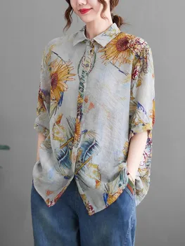 Kadın Yaz Casual Gömlek Yeni Varış 2022 Vintage Tarzı Çiçek Baskı Gevşek Pamuk Keten Kadın Yarım Kollu Gömlek Tops B1763