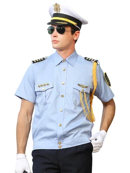 Yüksek Kaliteli Yaz Güvenlik Üniforma Erkekler Yöneticisi Profesyonel Açık Mavi Havayolu Kaptan Üniforma Pilot Kısa Kollu Gömlek