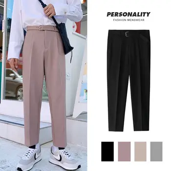 Kore Kemer düz pantolon Erkekler Moda Düz Renk günlük elbise pantalonları Erkekler Gevşek Takım Elbise Pantolon Erkek Ofis Resmi Pantolon