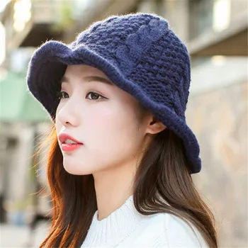 Yeni Kore versiyonu düz renk bayanlar kap eğilim edebi örme yün şapka sonbahar ve kış sıcak moda kova şapka