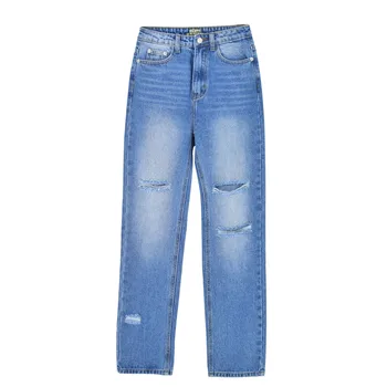 Sonbahar Kadın Kot Pantolon Rahat Yırtık Delik Yüksek Bel Düz Uzun Mavi Denim Yıkanmış Kot Gevşek Kadın Streetwear C3056