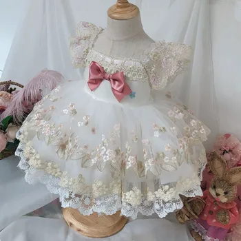 Bebek bebek İspanyolca Retro prenses elbise çocuk Lolita yaz Dantel Elbise 1st doğum günü Partisi Mahkemesi kız giyim 2-12 yıl