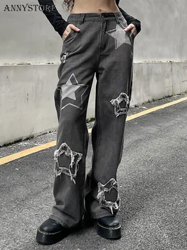 Annystore 2022 Gotik Yıldız Baskı Şalvar Kot Y2K Pantolon Mavi Vintage Casual Geniş Bacak Denim Estetik Kadın kargo pantolon Siyah