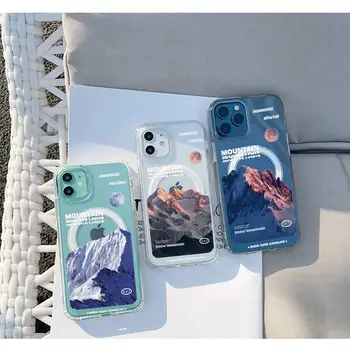 dağlar ve ay Telefon Kılıfı için iPhone 13 12 11 Mini Pro Max şeffaf Süper Manyetik MagSafe Kapak