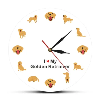 Ingilizce Köpek Cins Golden Retriever Baskılı duvar saati Modern Tasarım Köpek Sessiz İzle Akrilik Asılı Timepiece Pet Lover Hediye