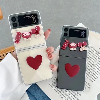 Sevimli 3D Şeker Kız Kiraz Kalp Telefon Kılıfı İçin Samsung Galaxy Z Flip 3 5G Şeffaf Sert PC Kapak İçin Galaxy Z Flip